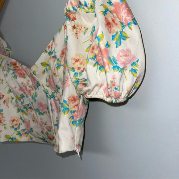 Zara Crop Top Women’s Size Large Floral Puffy Sleeve‎ Smocked Back Corset Point - Picture 6 of 14